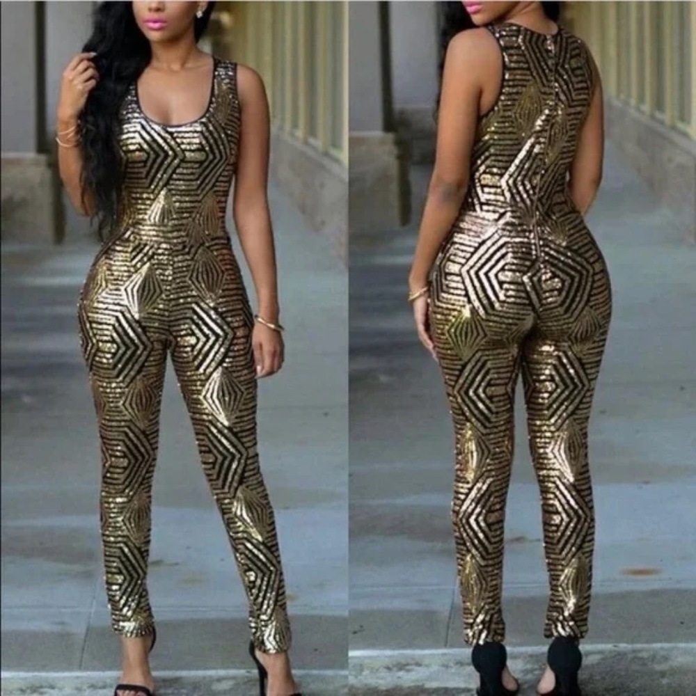 Art Deco Sequin Jumpsuit Black and Gold Size L